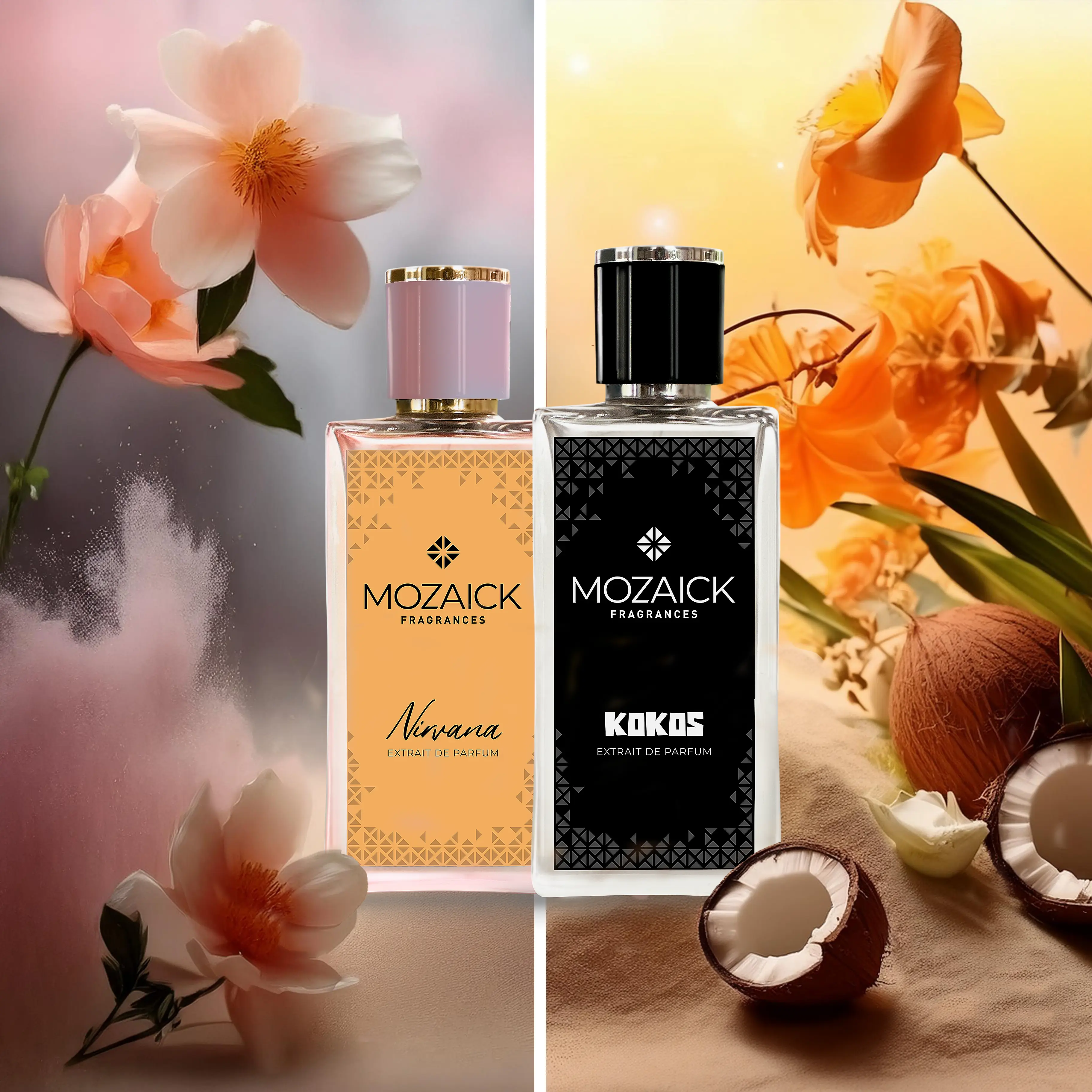 Bestseller for Him and Her Set von MOZAICK: KOKOS und NIRVANA, je 50 ml – Flakons vor Blüten und Kokosnüssen